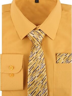 Alizeal Men's Mustard Dress Shirt with Patterned Tie and Pocket Square